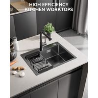 Lavello da cucina in acciaio inox antracite, 60 × 45 × 18 cm, lavello da cucina a una vasca con cestello di scarico