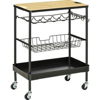 Chariot de cuisine à roulettes, chariot de service multifonctionnel avec porte-bouteilles, panier amovible, plateau, 60,5 x 35,5 x 75 cm, noir