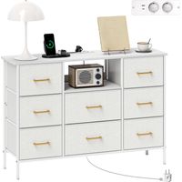 Commode 8 tiroirs en tissu bouclette, meuble de rangement avec 2 prises de courant, structure en acier 110x30x76cm crème