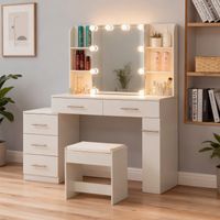 Toeletta con sgabello - tavolino da toeletta con specchio - cassetto e illuminazione a LED - 100x40,5x136 cm - Bianco