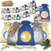 KESSER® Calendario dell'Avvento da riempire con 24 sacchetti di juta Sacchetti in tessuto stampato Calendario di Natale per bambini da riempire da soli Incl. 24x cartellini Blu / 14x10cm