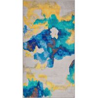 Tapis Rectangulaire Bleu Blanc et Jaune en Polyester Motif Abstrait pour Chambre ou Salon au Style Moderne 80 x 150 cm Beliani