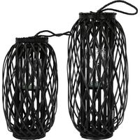 ECD Germany Lanterne Portacandela in Vimini Nero 50xØ28 / 60xØ27 cm con Maniglia Corda da Appendere Pensile Bicchiere in Vetro Intrecciata a Mano Giardino Portico Casa Decorazione per Interno/Esterno