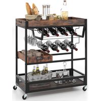 COSTWAY Carrello da Bar con Portabottiglie, Carrello Servizio Industriale a 3 Piani con Porta Calici e Vassoio Rimovibile, Ruote Bloccabili, 80,5x40,5x90 cm