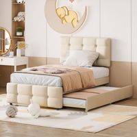 Letto imbottito in lino beige 90x200 cm con letto estraibile e testiera regolabile