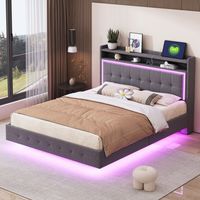 Cama tapizada 140/200 cm gris de lino con USB y LED