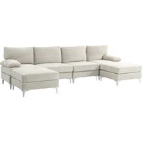 Divano Componibile 4 Pezzi con Poggiapiedi e Cuscini, in Tessuto effetto Ciniglia, 313x149x88 cm, Bianco Crema