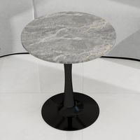 27.6-inch black coffee table, mid-century modern style dining table, suitable for 2-4 people, featuring a round marble tabletop with a deep gray veined finish, perfect for various settings.