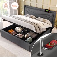 Cama doble con almacenaje 140/200 cm gris de lino de algodón con cabecero geométrico y carga USB-C