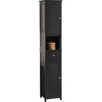 Sobuy – Colonne de salle de bain MDF 32x30x170 cm – 2 portes persiennes – 1 tiroir – Niche ouverte – Résistante à l'humidité – Design noir