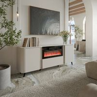 Credenza Briano, Madia da salotto con due ante battenti, anta a ribalta e camino elettrico, Rialzata da terra, 191x40 h69 cm, Beige
