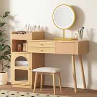 Toeletta con specchio rotondo, illuminato con LED regolabili, 3 cassetti di stoccaggio, porte in vetro, Comò in legno, stile moderno – Naturale