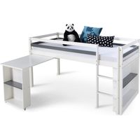 Décoshop26 – Lit mezzanine mi-hauteur 90x200cm avec bureau extensible et rangement – En bois gris blanc – Hauteur sous lit 76cm – LIT06199