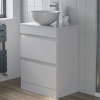 Countertop Vanity Unit & Basin Floor Standing Bathroom Furniture Drawer White Gloss 600mm with 360mm Round Basin