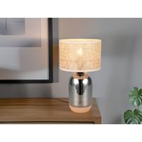 Große LED Tischleuchte mit Rattanschirm, Kork und Glasfuß, Höhe 43cm