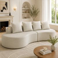 Leinenstoff-Sofa mit 4 Kissen, Hochdichtschaumfüllung + Federstücke, Tassenhalter & Seitentasche – Einzigartiges Design, Bequem & Atmungsaktiv,Ideal fürs Wohnzimmer, Gästezimmer oder Balkon.Beige