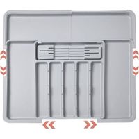 Cutlery Tray, Expandable Cutlery Storage, Kitchen Drawer with 2 Removable Knife Blocks and 9 Compartments, Expandable Cutlery Tray, Grey