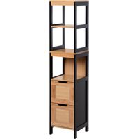 Armoire haute salle de bain 3 étagères 2 tiroirs moderne noir naturel 30x30x144,3 cm