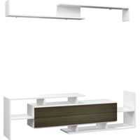 TV mobile avec étagères murales, tiroirs et placard, bois blanc noir