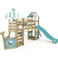 Aire de jeu en bois Wickey StormFlyer avec balançoire et 2 bacs à sable – Résistant aux intempéries – Toboggan 220 cm avec raccord d’eau