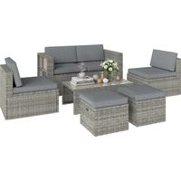 Set da Esterno 6pz con Divano, 2 Sedie, Tavolino con Piano in Vetro e 2 Pouf, Grigio Scuro