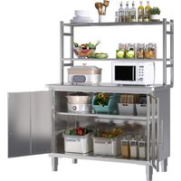 YODOLLA Stainless Steel Kitchen Storage Cabinet with 3-Tier Shelving, Freestanding Worktable & Upper Shelves