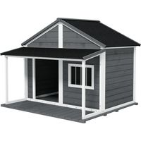 Cuccia per cani con terrazza, finestra e tetto impermeabile, grigio, 124x112x105cm