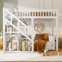 Cama litera 140x200 cm - con escalera de almacenamiento - barra para ropa - protección anticaídas - base de lamas - para niños y adolescentes - Blanco