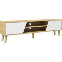 Meuble TV style scandinave avec rangement, effet bois et blanc, 150×30×42 cm, design moderne