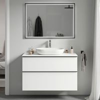 BERNSTEIN - Meuble sous vasque suspendu MDF Blanc mat, plan vasque Blanc mat, poignée Noir mat - 80x46x62cm - LAVOA
