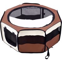 Pawhut – Parc enclos pliable pour chien et chat Ø 90 x 41H cm – 2 portes enroulables – Poches de rangement – Acier Oxford marron crème