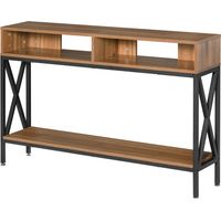 Consolle/tavolino d'ingresso in stile industriale con molteplici vani portaoggetti, 120 x 23,5 x 75 cm, legno di noce.