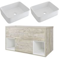 Milano Bexley Light Oak 1200mm Wall Hung Bathroom Vanity Unit with 2 Countertop Basins - Rectangular Basins (No LED Light)