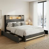 Lit adulte 140x200, 4 tiroirs, lit double avec éclairage LED & station de charge (USB/Type-C), tête de lit avec rangement, lin, style scandinave moderne(140x200cm, Gris)