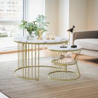 Table basse ronde, Bois marbré, Pieds en métal, Façon Marbre, Tables basses gigognes, Lot de 2 tables basses rondes, Or et blanc