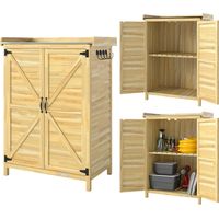 Abri de jardin extérieur en bois avec toit en métal et crochets pour ranger les outils, 71,5 x 39 x 95 cm, couleur naturelle