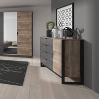 Casa Baoli – Commode enfant 4 tiroirs 1 porte 138 cm – Coloris chêne vieilli et gris – Panneaux stratifiés résistants aux rayures – Meuble à monter soi-même