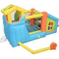 Château gonflable aquatique 360x350x210 cm – Parc aquatique avec toboggan, bassin, panier basket, cuisine, pistolets à eau – Souffleur 580W inclus – Oxford résistant