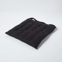 HOMESCAPES Black Plain Seat Pad with Button Straps 100% Cotton 40 x 40 cm