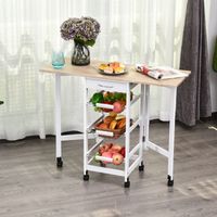 Chariot de cuisine pliable à 6 roues avec 3 paniers, un tiroir et 2 rabats, en MDF et métal, 37 x 37 x 77,5 cm, blanc et bois