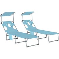 Set de 2 Tumbonas Plegables Reclinables con Dosel 360° Orificio Facial Bolsillo Lateral y Textilene 550 g/m² Azul