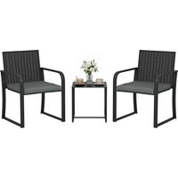 Conjunto de Muebles de Jardín de Ratán Sintético con 2 Sillas con Cojines y Mesa con Tablero de Vidrio Gris