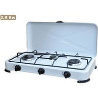 Réchaud à gaz 3 feux en acier émaillé blanc 2,9 kW – Pieds antidérapants – Dimensions 58x28x11 cm – Pour camping et pique-nique