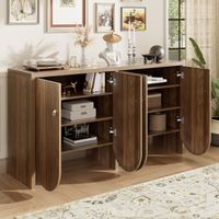 Buffet en finition noyer 147x40x80 cm, meuble de rangement à 4 portes avec étagères réglables et poignées, pour salon, salle à manger et entrée