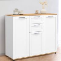 VITO Aparador de 100 cm con 3 puertas y 2 cajones blancos y tapa de madera