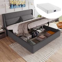 Lit coffre hydraulique 160x200 cm, lit adulte, tête réglable 3 positions, sommier métallique à lattes, avec matelas, lin gris