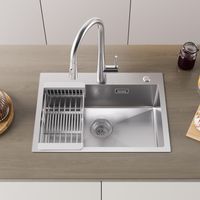 Fregadero de cocina CECIPA MAX, 60 x 45 cm Fregaderos de una cubeta acero inoxidable con cesta escurridora, montaje empotrado para mueble de 60 cm, acabado cepillado