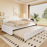 Cama nido bouclé blanca 90x200 cm con cama extraíble, somier de láminas, luz y puertos USB/Tipo-C