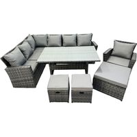 Fimous 10 Seat Rattan High Back Corner Sofa Set Patio Dining Table Set with 3 Stools Chair Dark Grey Mixed