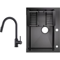 Fregadero de cocina fabricado en acero inoxidable lavabo sobre encimera 60x45cm negro antracita + grifo de cocina extensible negro con 2 tipos de chorro altura 404MM